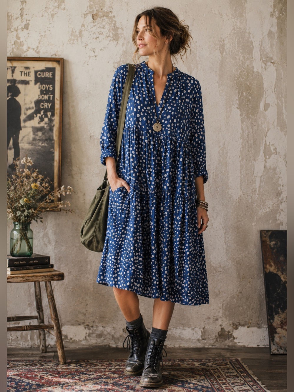 Easel Blueberry Blue Animal Print Tiered MIDI Pullover Dress Size Small